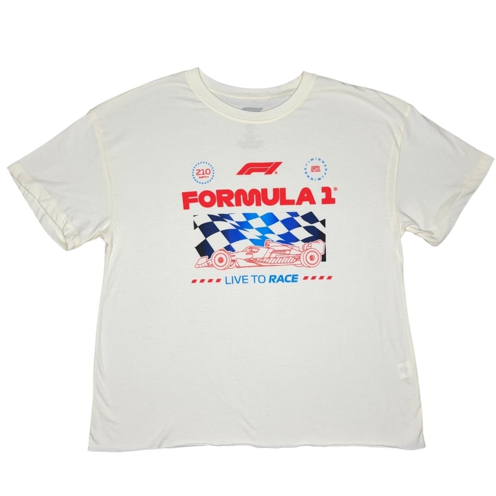 NWOT Formula 1 T-Shirt Women XL White Excellent Graphic Raw Hem Race Tee